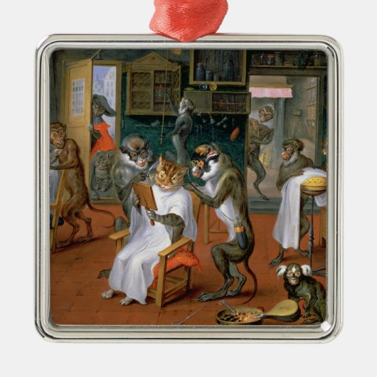 Das Geschäft des Friseurs mit Affen und Katzen Silbernes Ornament (Vorne)