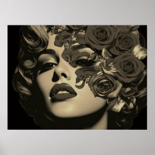 Das Gesicht einer Frau in Blumen auf einem Wandpos Poster