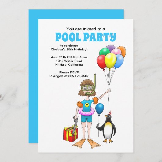 Das Girl and the Pinguin's Pool Party Einladung (Vorne/Hinten)