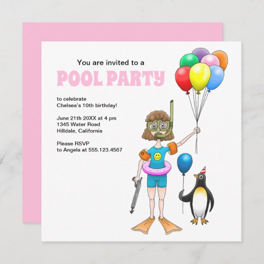 Das Girl and the Pinguin's Pool Party Einladung (Vorne/Hinten)