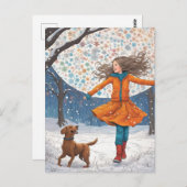 Das Glück der Mädchen und ihres Hundes im Winter Postkarte (Vorne/Hinten)