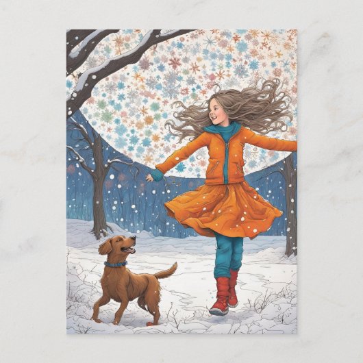 Das Glück der Mädchen und ihres Hundes im Winter Postkarte (Vorderseite)