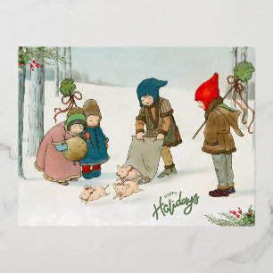 Das Glück des Winters, Vintage Folien Feiertagspostkarte