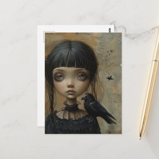Das Goth-Mädchen mit einem schwarzen Vogel Postkarte (Vorderseite/Rückseite Beispiel)