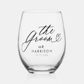 Das Groom-Elegante-Script-Grooms-Name Hochzeitdatu Weinglas Ohne Stiel (Vorderseite)