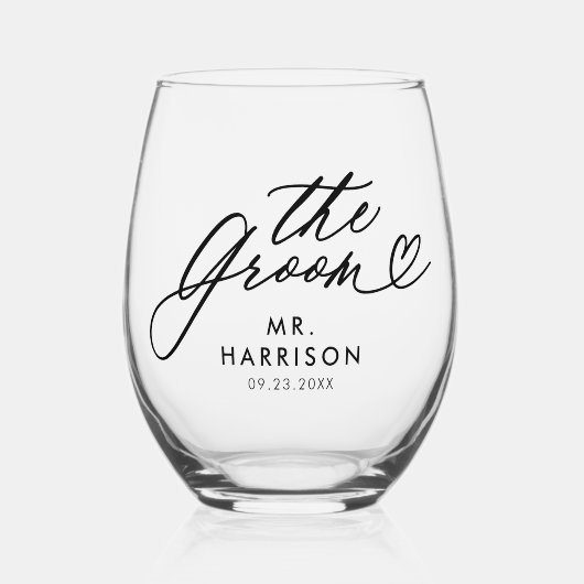 Das Groom-Elegante-Script-Grooms-Name Hochzeitdatu Weinglas Ohne Stiel (Vorderseite)