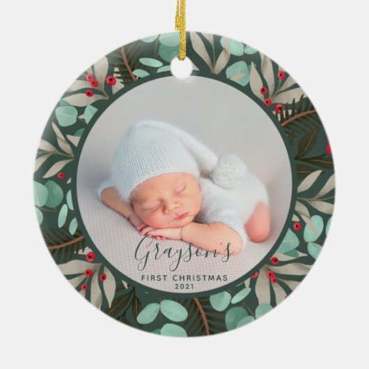 Das Grüne Baby's erstes Weihnachtsjubiläum Foto Gr Keramik Ornament (Hinten)