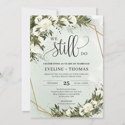 Das grüne Olivgrün verlasse weiße Rosen, die wir n Einladung (Vorderseite)