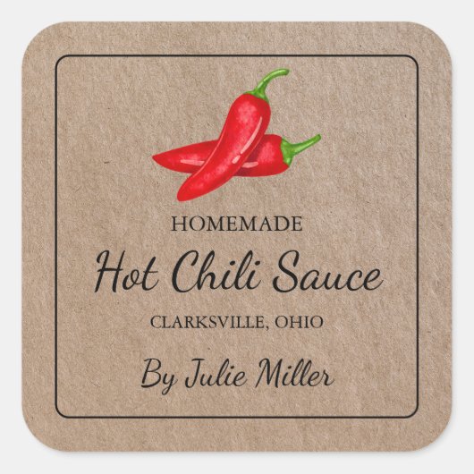 Das hausgemachte Chili Sauce Square-Papier Quadratischer Aufkleber (Vorderseite)