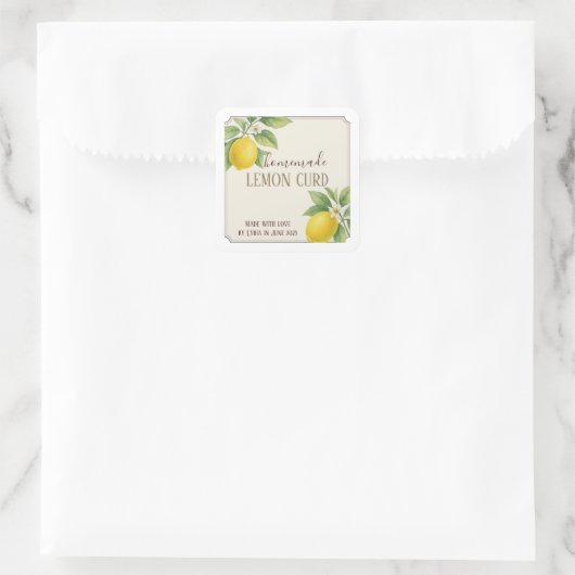 Das hausgemachte Lemon Curd Label mit Aquarellfarb Quadratischer Aufkleber (Tasche)
