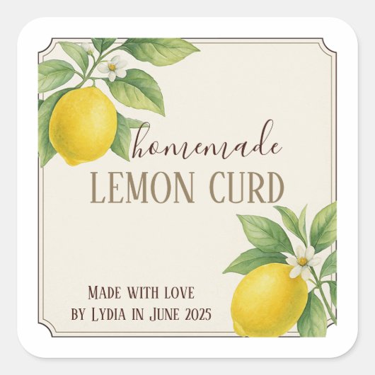Das hausgemachte Lemon Curd Label mit Aquarellfarb Quadratischer Aufkleber (Vorderseite)