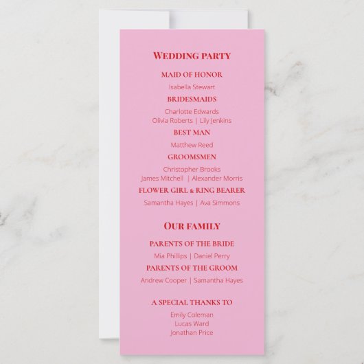 Das hellrosa und rot-minimalistische Hochzeitsprog (Rückseite)