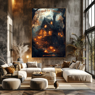 Das Hexenhäuschen Halloween mit leuchtenden Kürbis Poster