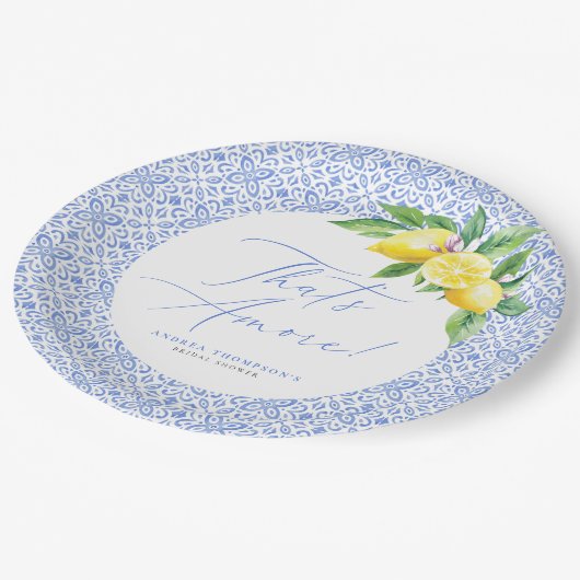 Das ist Amore Lemon Italian Blue Tile Brautparty Pappteller (Schrägansicht)