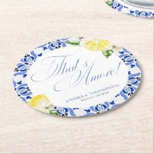 Das ist Amore Lemon Italian Blue Tile Brautparty Runder Pappuntersetzer