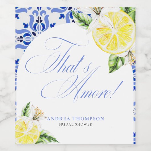Das ist Amore Lemon Italian Blue Tile Brautparty Weinetikett (Einzelnes Label)