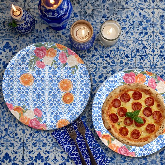 Das ist amore mediterrane blaue Fliesen-Brautparty Pappteller