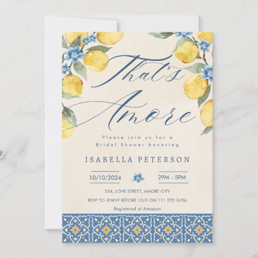 Das ist auch Italien Blue Tiles Floral Brautparty Einladung (Vorderseite)