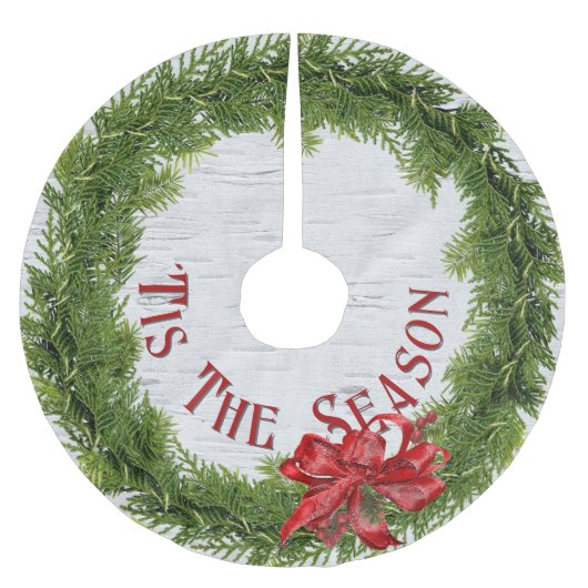 'Das ist der Saisonkranz mit rotem Bow auf der Bir Polyester Weihnachtsbaumdecke (Vorderseite)