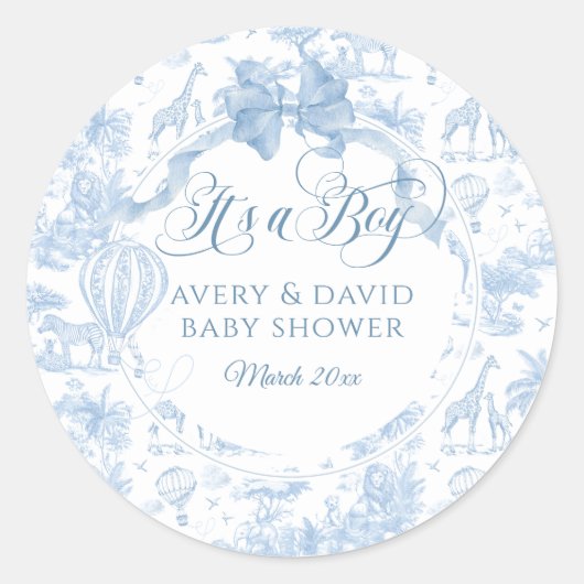 Das ist ein Baby Blue Toile Safari Animal Baby Dus Runder Aufkleber (Vorderseite)