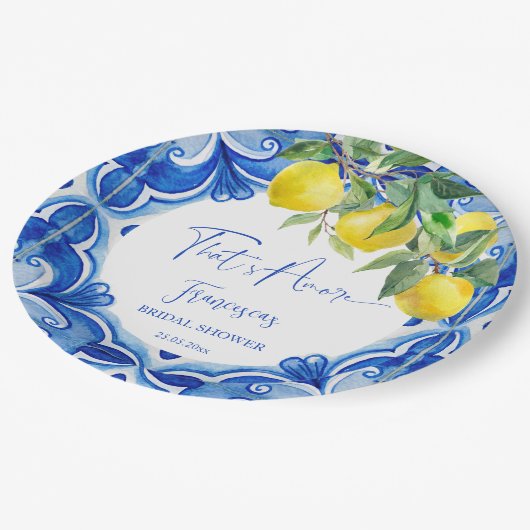 Das ist ein italienisches Brautparty aus blauem Fl Pappteller (Schrägansicht)