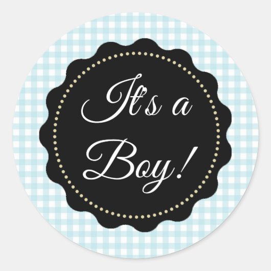 Das ist ein Junge! Baby Shower Blue Gingham Sticke Runder Aufkleber (Vorderseite)