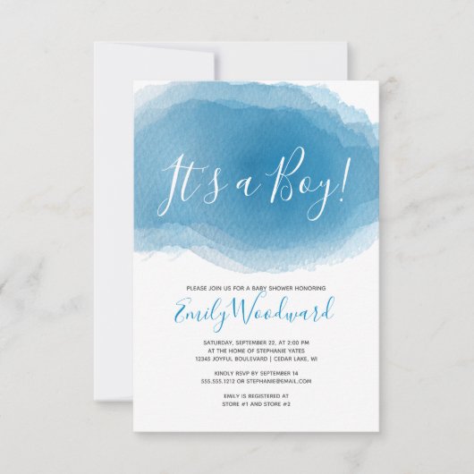 Das ist ein Junge! Babydusche Blau Wasserfarbe Abs Einladung (Vorderseite)