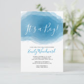 Das ist ein Junge! Babydusche Blau Wasserfarbe Abs Einladung (Stehend Vorderseite)