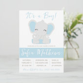 Das ist ein Junge! Blue and Gray Elephant Baby Dus Einladung (Stehend Vorderseite)