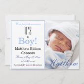 Das ist ein Junge! Blue Baby Birth Ankündigung (Vorderseite)
