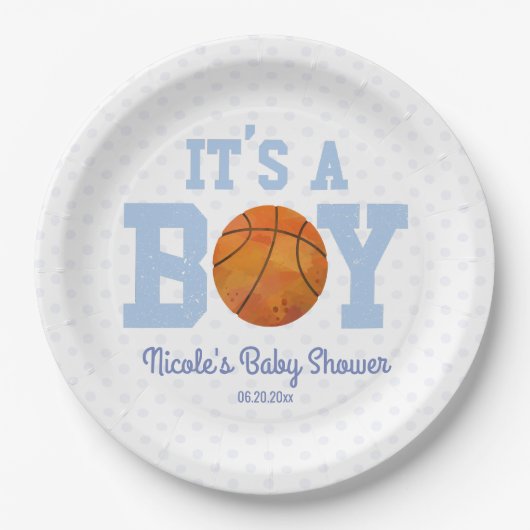 Das ist ein Junge! Blue Basketball Baby Dusche Pappteller (Vorderseite)