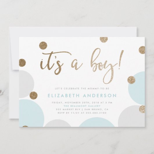 Das ist ein Junge! | Blue & Gold Confetti Babydusc Einladung (Vorderseite)