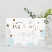 Das ist ein Junge! | Blue & Gold Confetti Babydusc Einladung (Stehend Vorderseite)