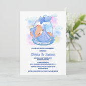 Das ist ein Junge! Blue Teddy Bear Balloons Babydu Einladung (Stehend Vorderseite)