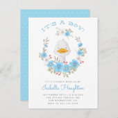 Das ist ein Junge! Duck & Blue Floral Wreath Baby Einladungspostkarte (Vorne/Hinten)