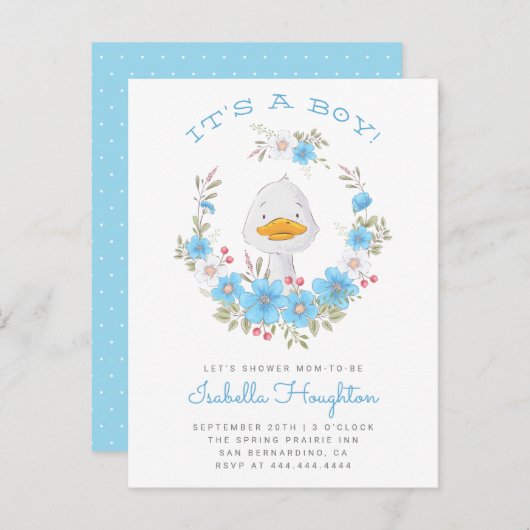 Das ist ein Junge! Duck & Blue Floral Wreath Baby Einladungspostkarte (Vorne/Hinten)