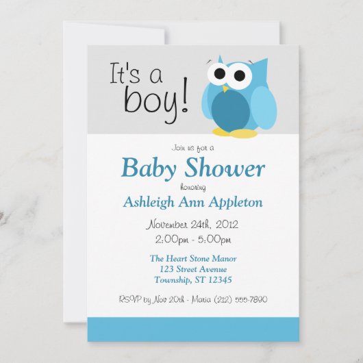 Das ist ein Junge! Funny Blue Owl Babydusche Einla Einladung (Vorderseite)