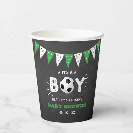 Das ist ein Junge! Fußball-Kinderdusche Pappbecher (Rückseite)