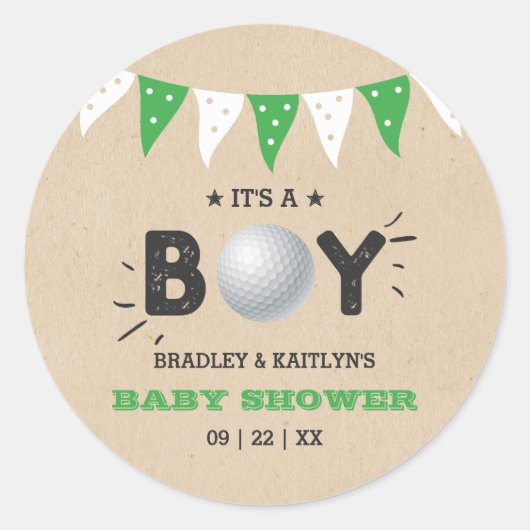 Das ist ein Junge! Golf Themed Co-Babydusche Runder Aufkleber (Vorderseite)