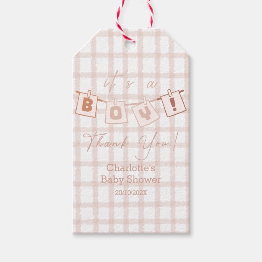 Das ist ein Junge! Niedlich Brown Gingham Notedry  Geschenkanhänger (Vorderseite)