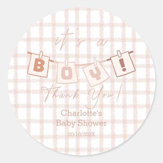 Das ist ein Junge! Niedlich Brown Gingham Notedry Runder Aufkleber (Vorderseite)
