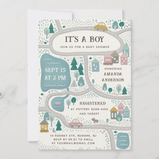 Das ist ein Junge. Niedliche Straßenkarte Babydusc Einladung (Vorderseite)