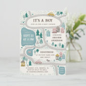 Das ist ein Junge. Niedliche Straßenkarte Babydusc Einladung (Stehend Vorderseite)