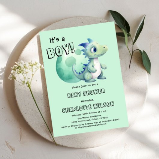 Das ist ein Junge! Niedlicher Dinosaurier mit Eier Einladung