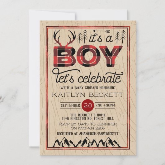 Das ist ein Junge! Rustikale Karierte Lumberjack B Einladung (Vorderseite)