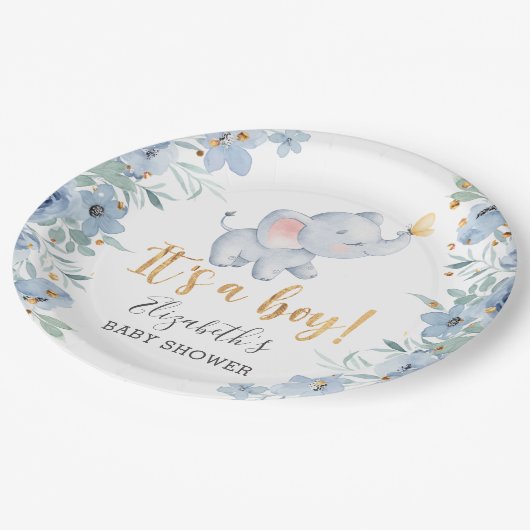 Das ist ein Junge! Sweet Elephant Baby Shower Part Pappteller (Schrägansicht)