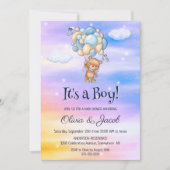 Das ist ein Junge! Teddy Bear Blue Balloons Babydu Einladung (Vorderseite)