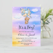 Das ist ein Junge! Teddy Bear Blue Balloons Babydu Einladung (Stehend Vorderseite)