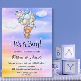 Das ist ein Junge! Teddy Bear Blue Balloons Babydu Einladung