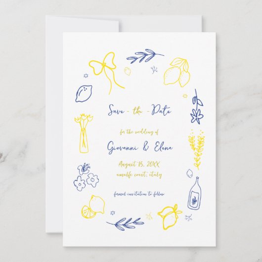 Das ist eine handgezeichnete italienische Hochzeit Save The Date (Vorderseite)